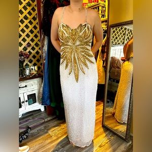 White and gold spaghetti strap prom dress